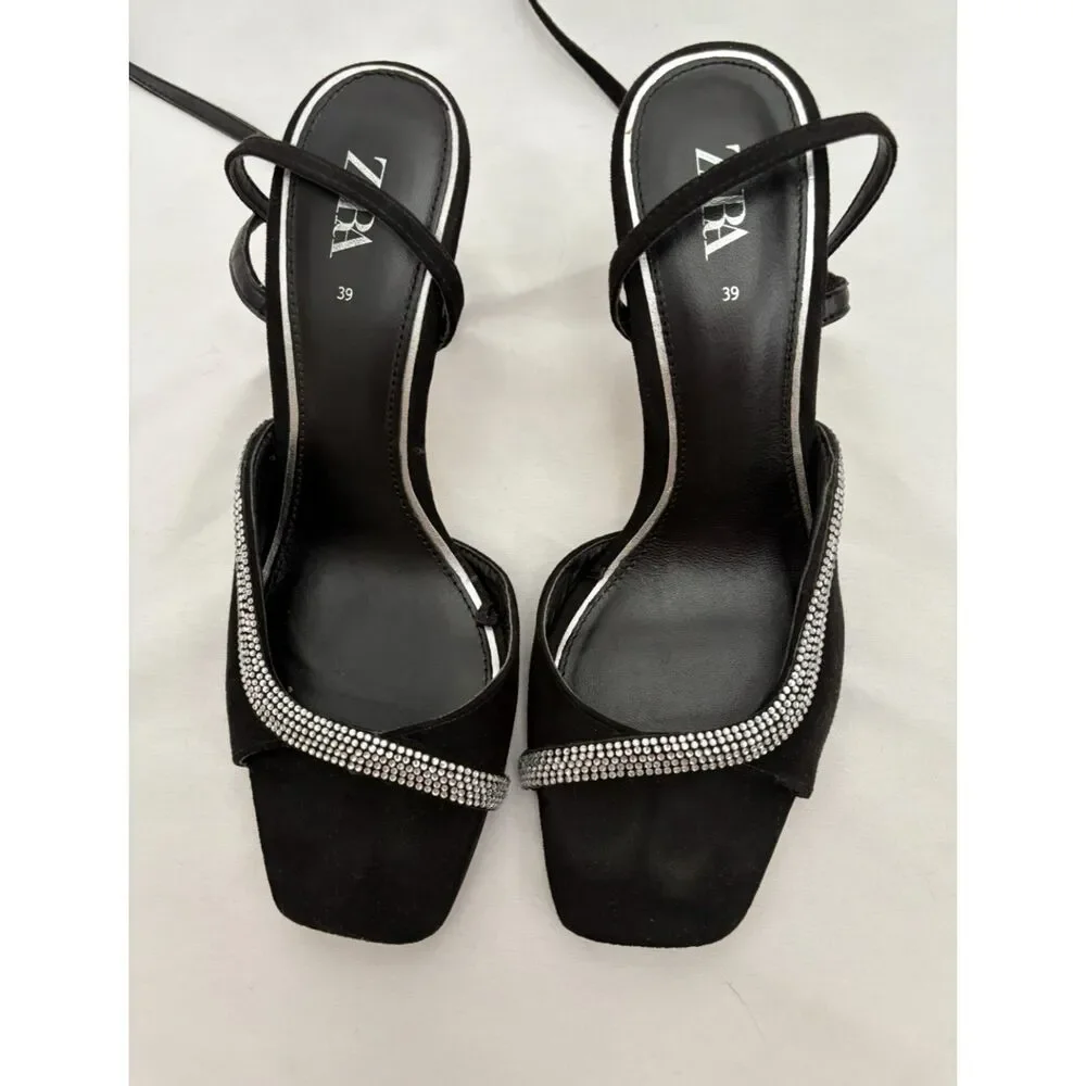 Zara Black Suede Rhinestone Detailed Heels Strappy Size 8.5 EU 39 Classy Formal